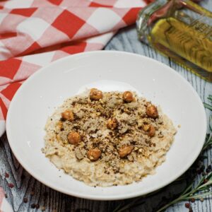 Oatmeal with halva and hazelnuts in caramel